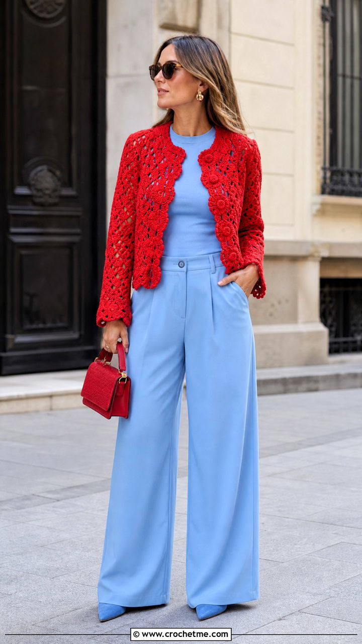 Crochet Jacket With a Monochrome Outfit - 35 crochet jacket outfit ideas