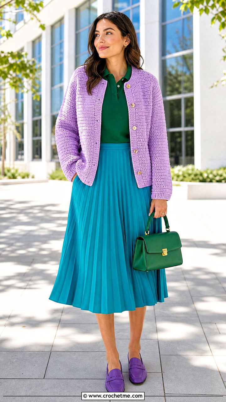 Crochet Jacket With a Pleated Skirt - 35 crochet jacket outfit ideas