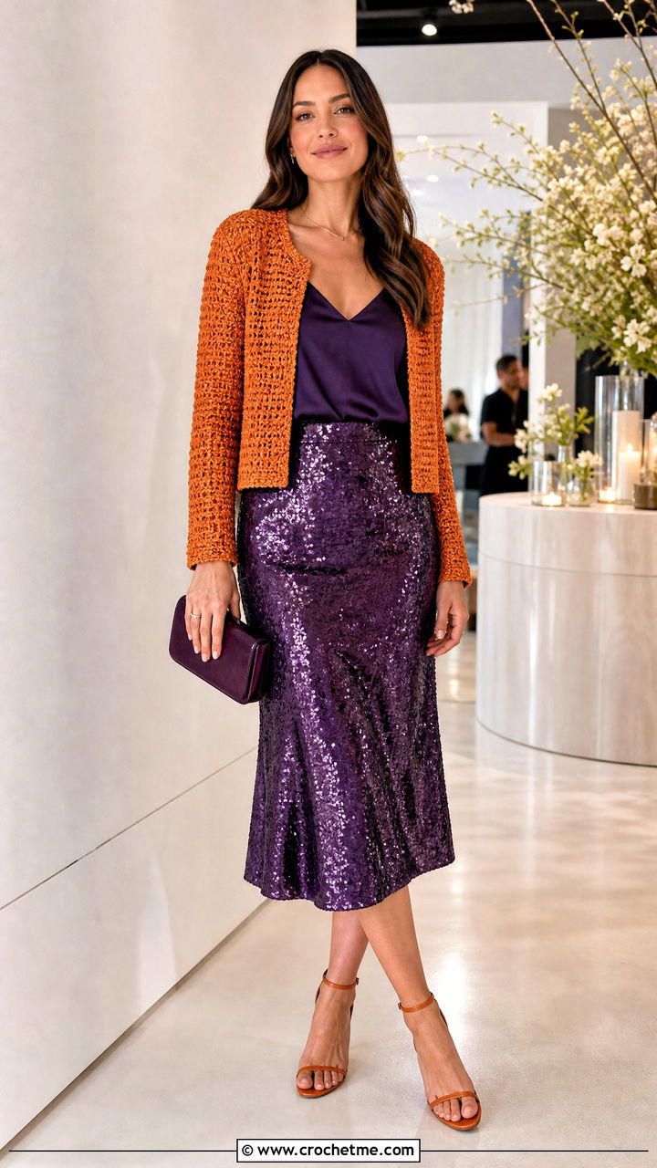 Crochet Jacket With a Sequin Skirt - 35 crochet jacket outfit ideas