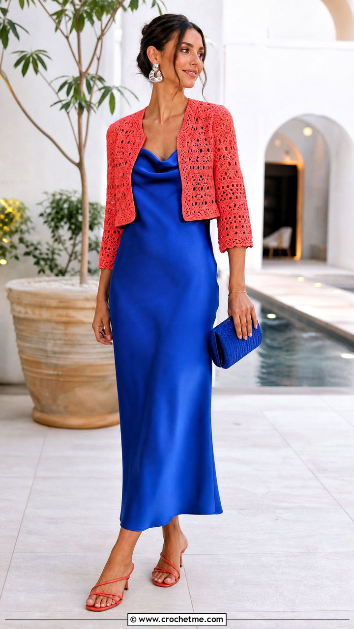 Crochet Jacket With a Slip Dress - 35 crochet jacket outfit ideas