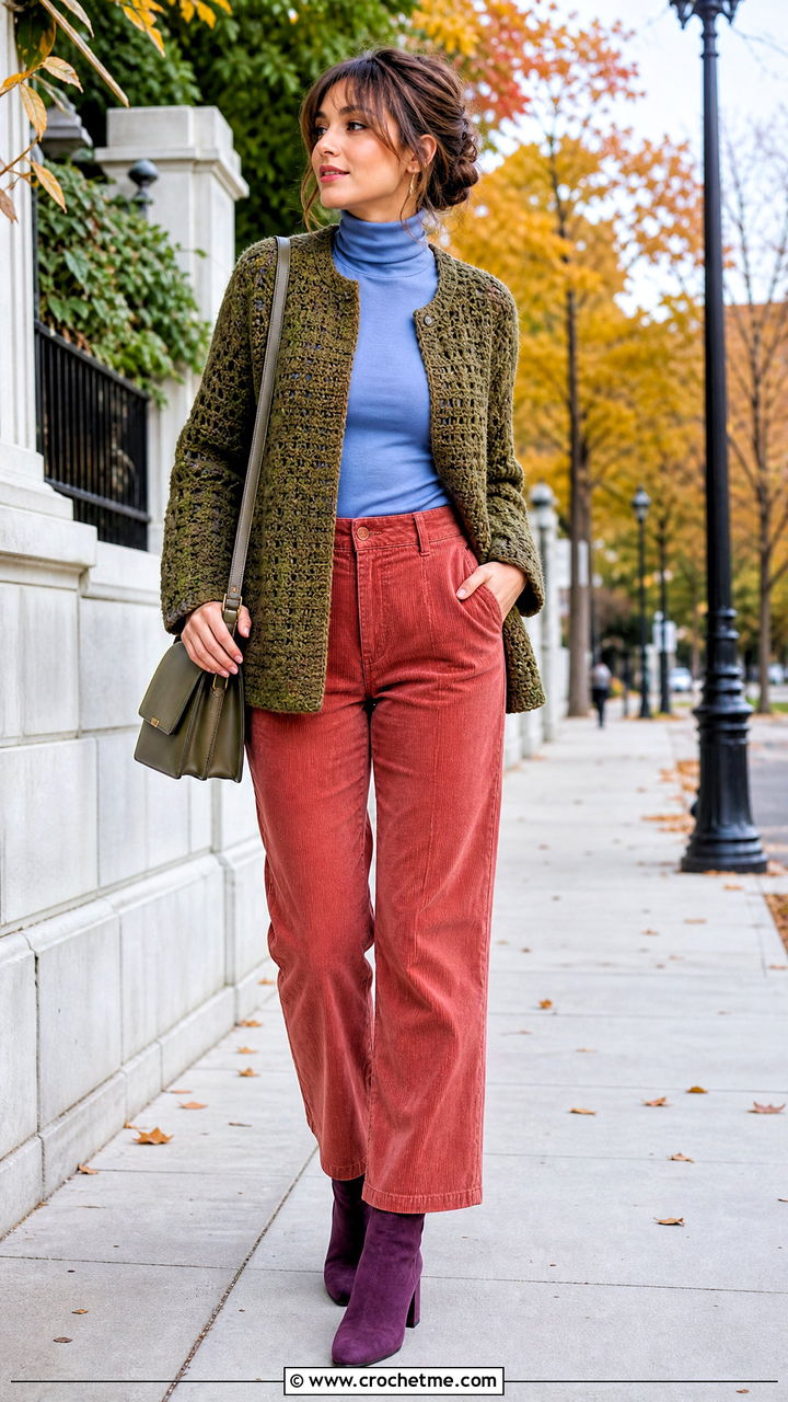 Crochet Jacket With a Turtleneck and Corduroy Pants - 35 crochet jacket outfit ideas