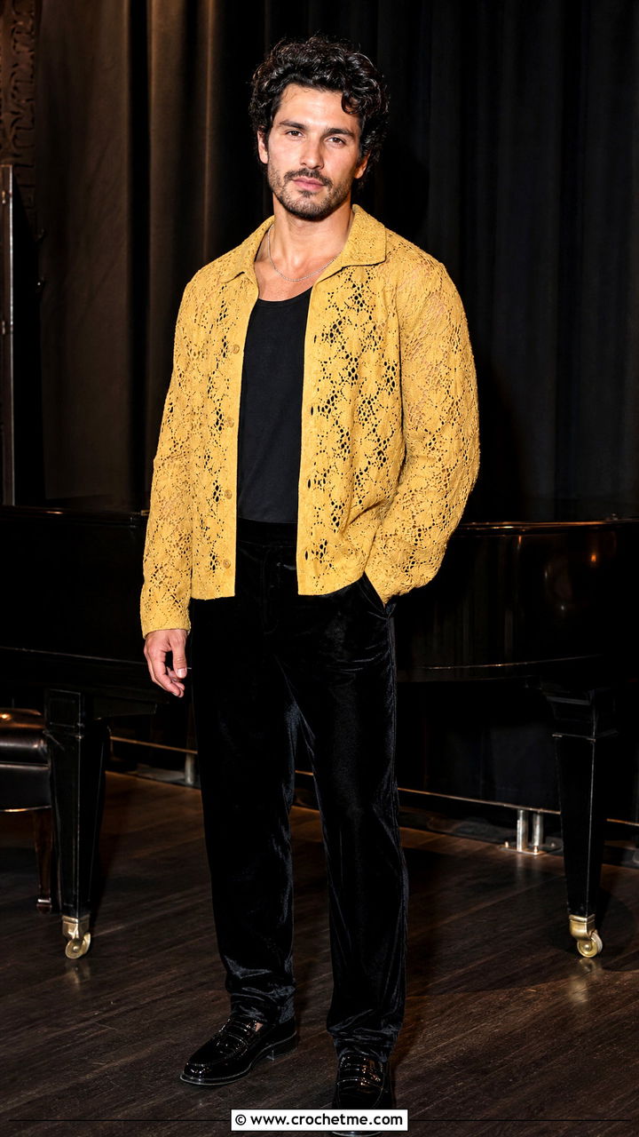 Crochet Jacquard Shirt With Velvet Trousers - 35 crochet mens shirt outfit ideas