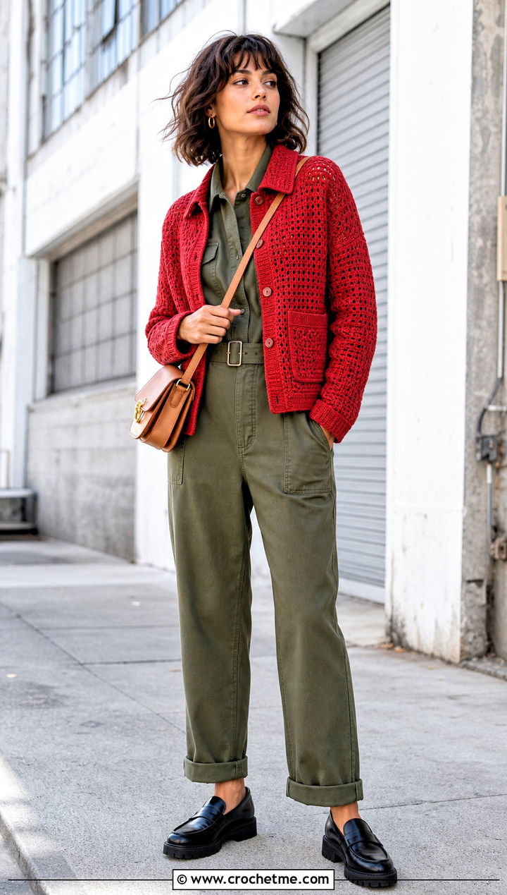 Crochet Jean Jacket Cardigan With Utility Jumpsuit - 15 crochet cardigan with button closure outfit ideas