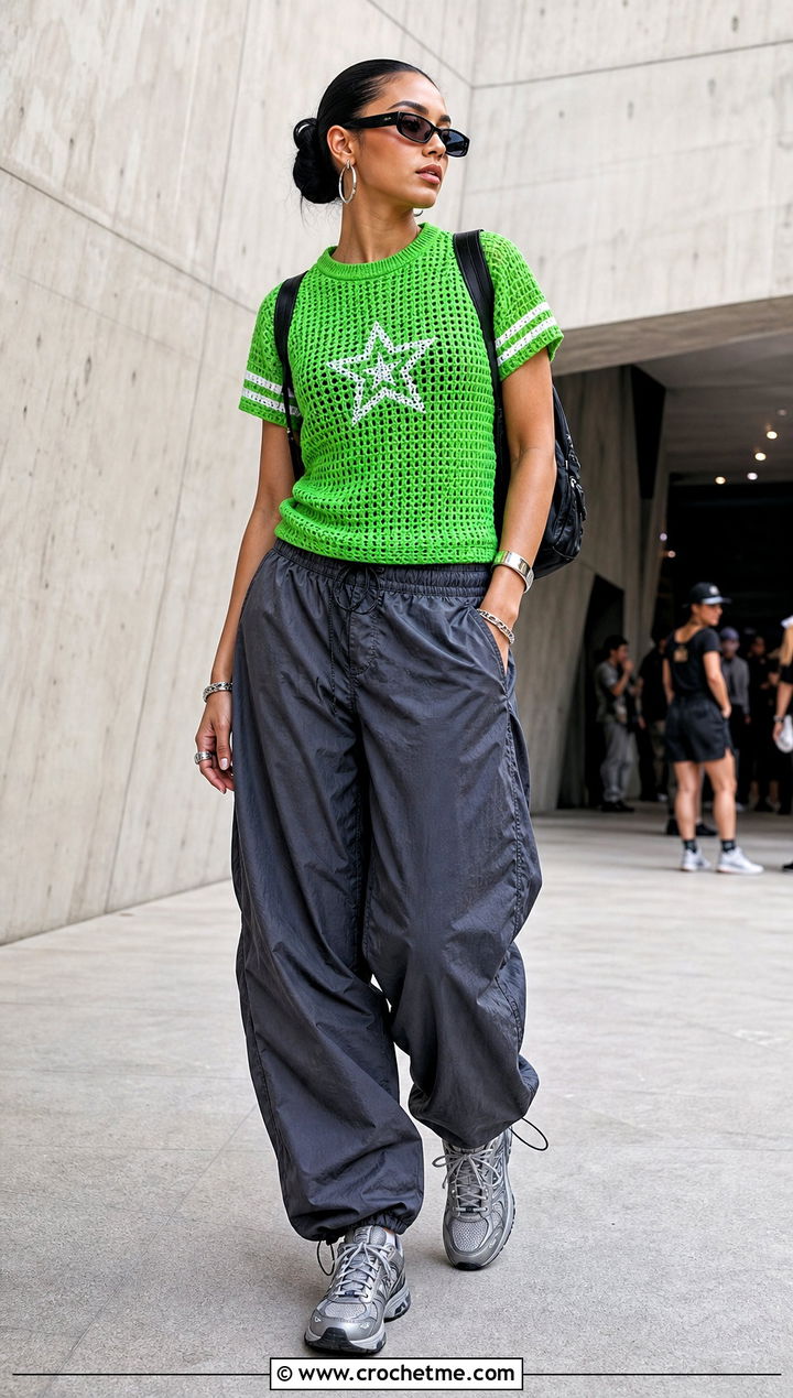 Crochet Jersey T Shirt With Parachute Pants - 35 crochet t shirt outfit ideas