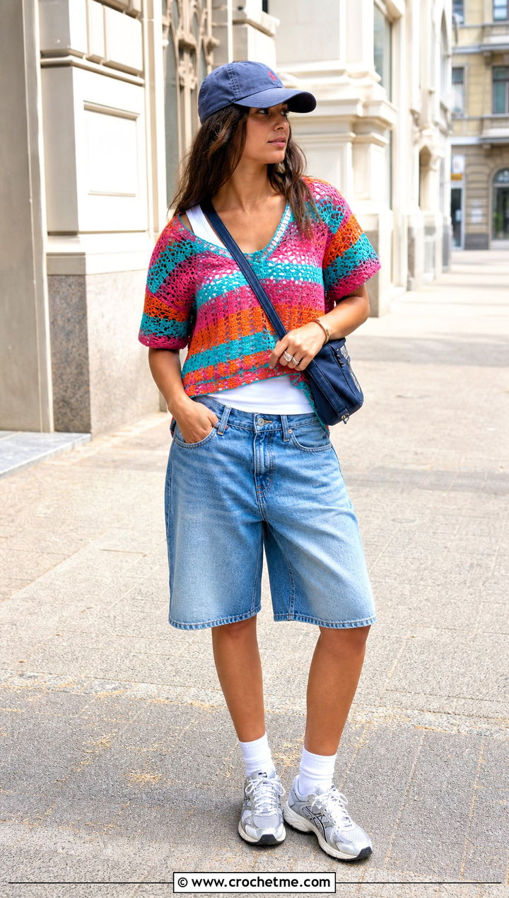 Crochet Jersey Top With Long Denim Shorts - 20 jaded london crochet top outfit ideas