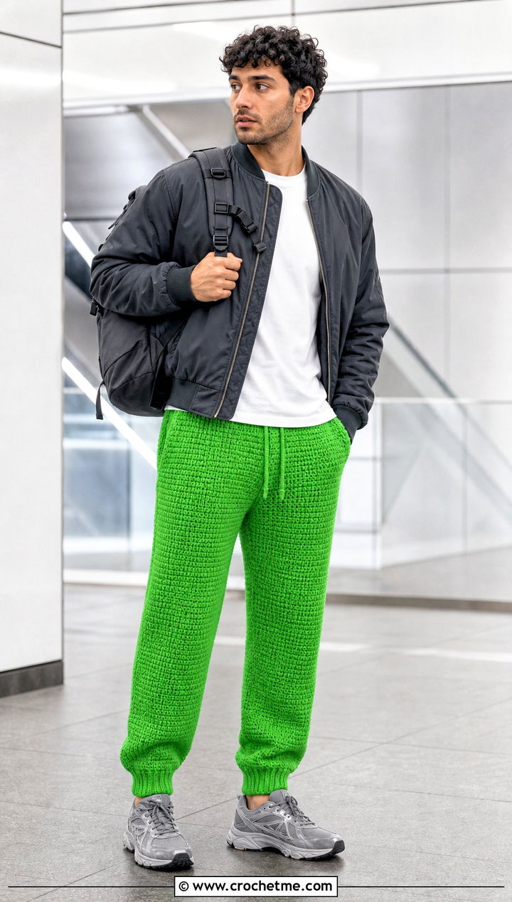 Crochet Jogger Pants With Bomber Jacket - 35 crochet pants men outfit ideas