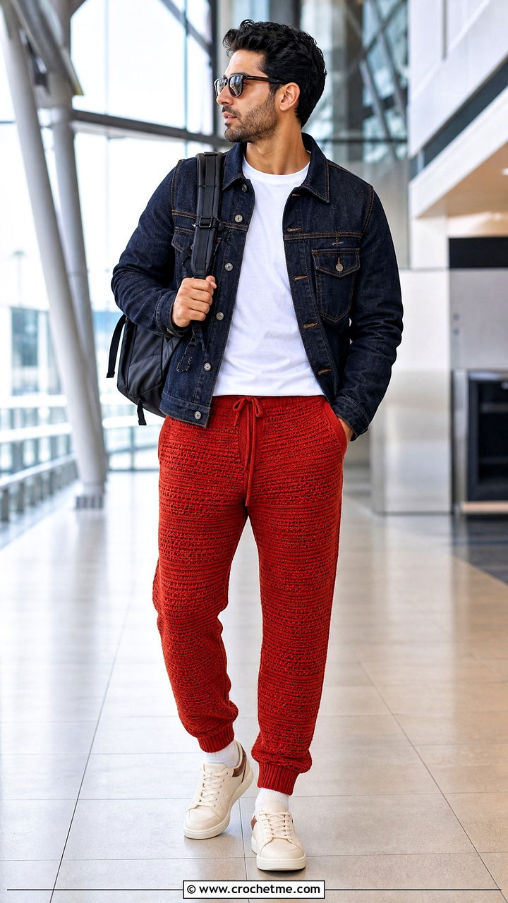 Crochet Joggers With Denim Jacket - 35 crochet clothes for men outfit ideas