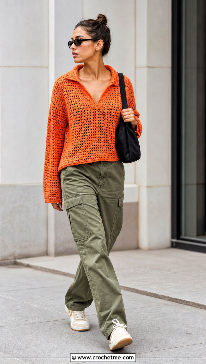 Crochet Johnny Collar Sweater With Cargo Pants - 35 crochet sweater with collar outfit ideas