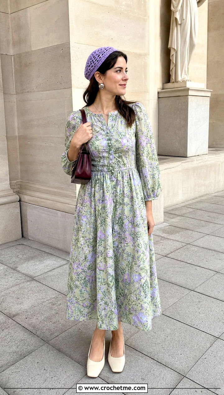 Crochet Juliet Cap With Floral Midi Dress - 35 crochet tiny hat outfit ideas