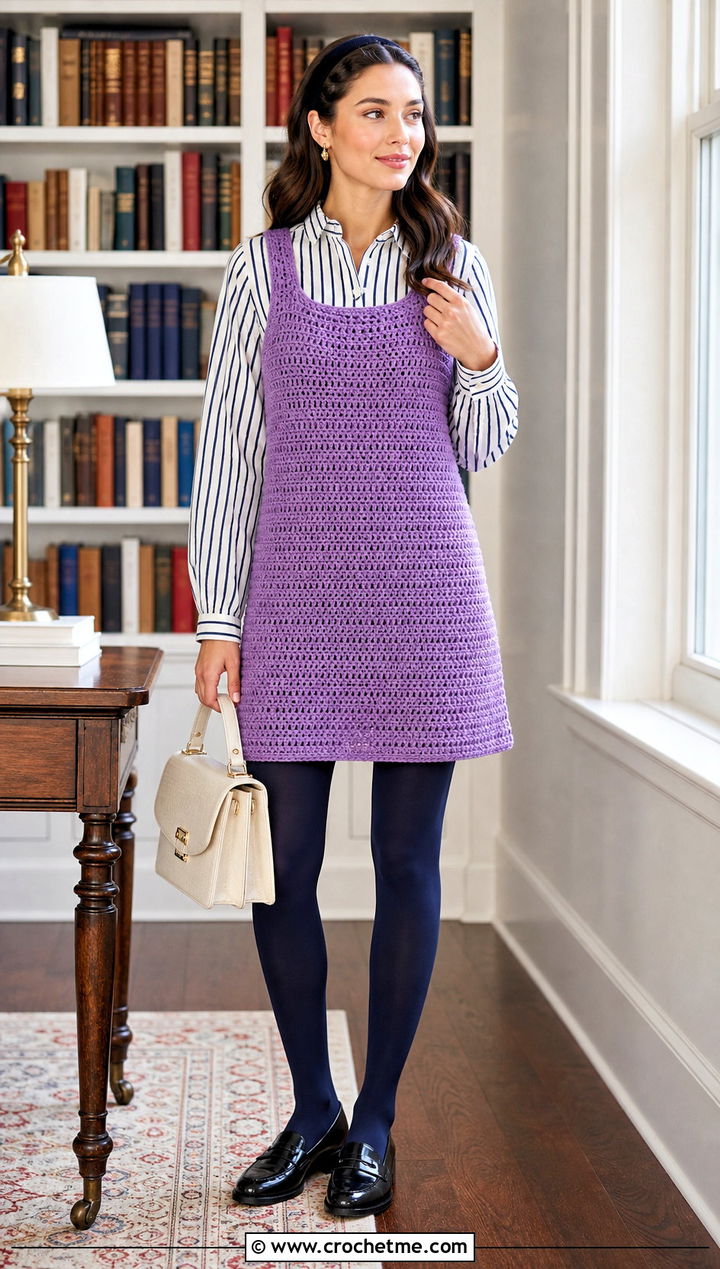 Crochet Jumper Dress With Striped Blouse - 25 crochet 60s dress outfit ideas