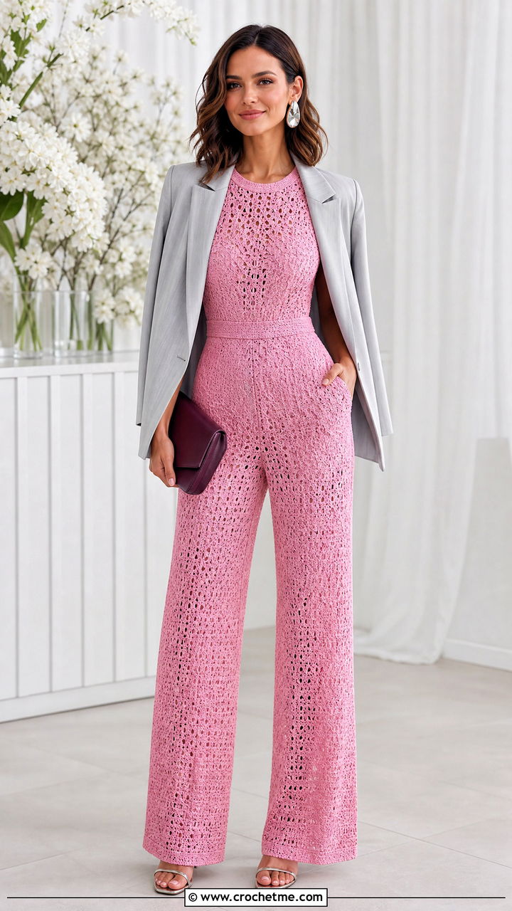 Crochet Jumpsuit With Heeled Sandals and Blazer - 35 crochet clothes ideas