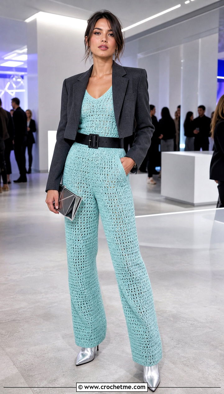 Crochet Jumpsuit With Pointed Boots - 30 Edgy Crochet Clothes and outfit ideas