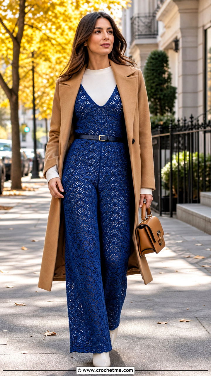 Crochet Jumpsuit With a Tailored Coat - 35 fall crochet clothes and outfit ideas