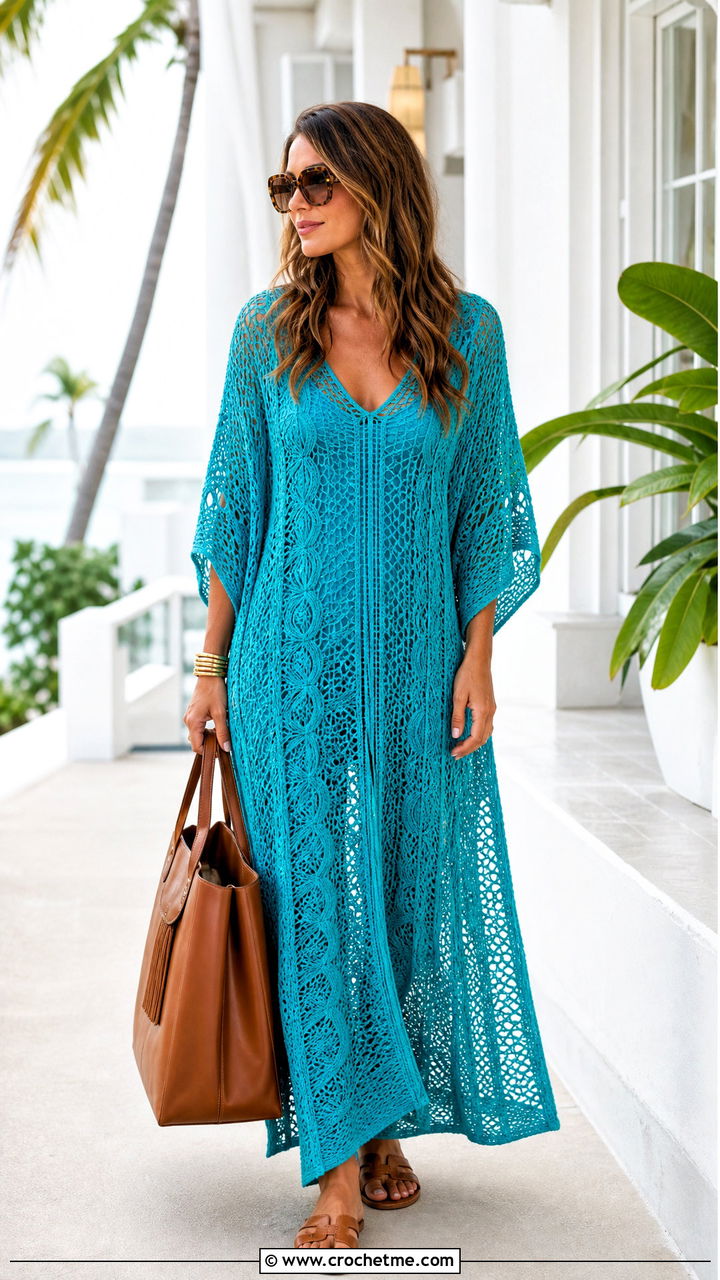 Crochet Kaftan Dress With Flat Sandals - 35 crochet dresses outfit ideas