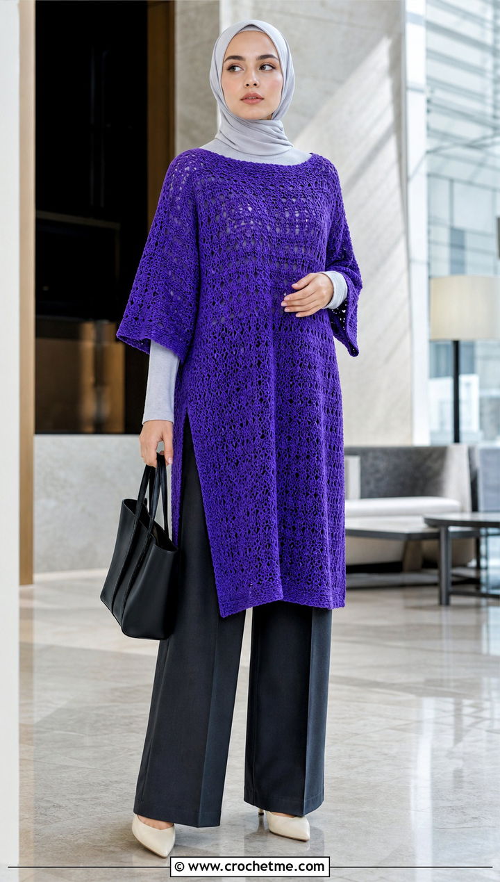 Crochet Kaftan With Wide Leg Pants - 35 Modest Crochet Outfit Ideas