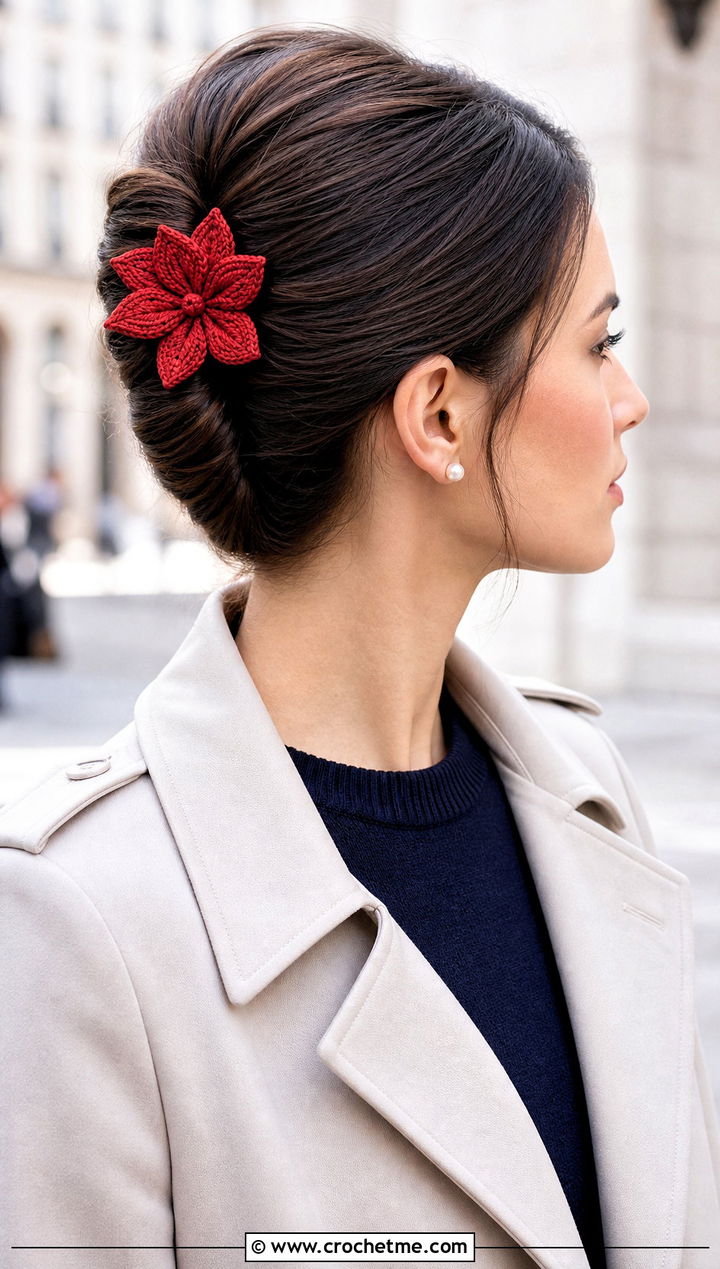 Crochet Kanzashi Flower Clip With Trench Coat Outfit - 15 crochet flower headband and clip outfit ideas