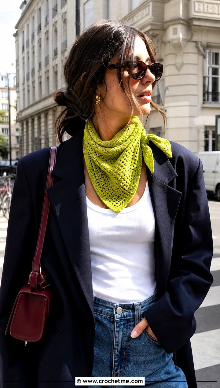 Crochet Kerchief Scarf With Oversized Blazer - 25 Crochet For Beginners Scarf outfit ideas