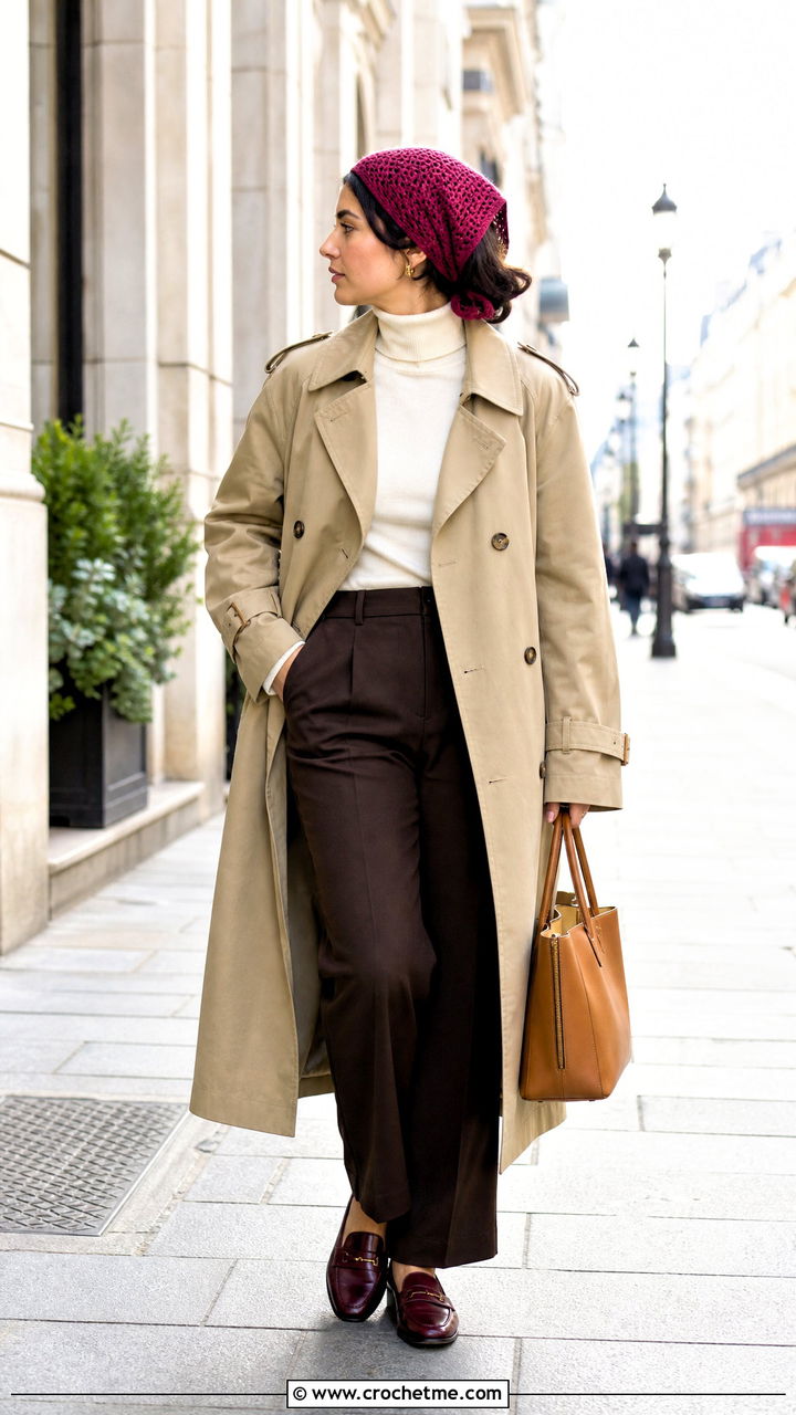 Crochet Kerchief With Trench Coat - 35 crochet accessories outfit ideas