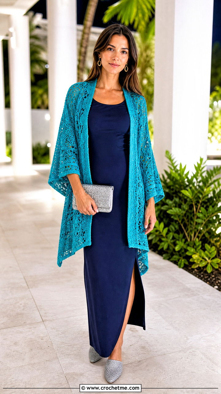 Crochet Kimono Cardigan With Column Dress - 35 crochet boho cardigan outfit ideas