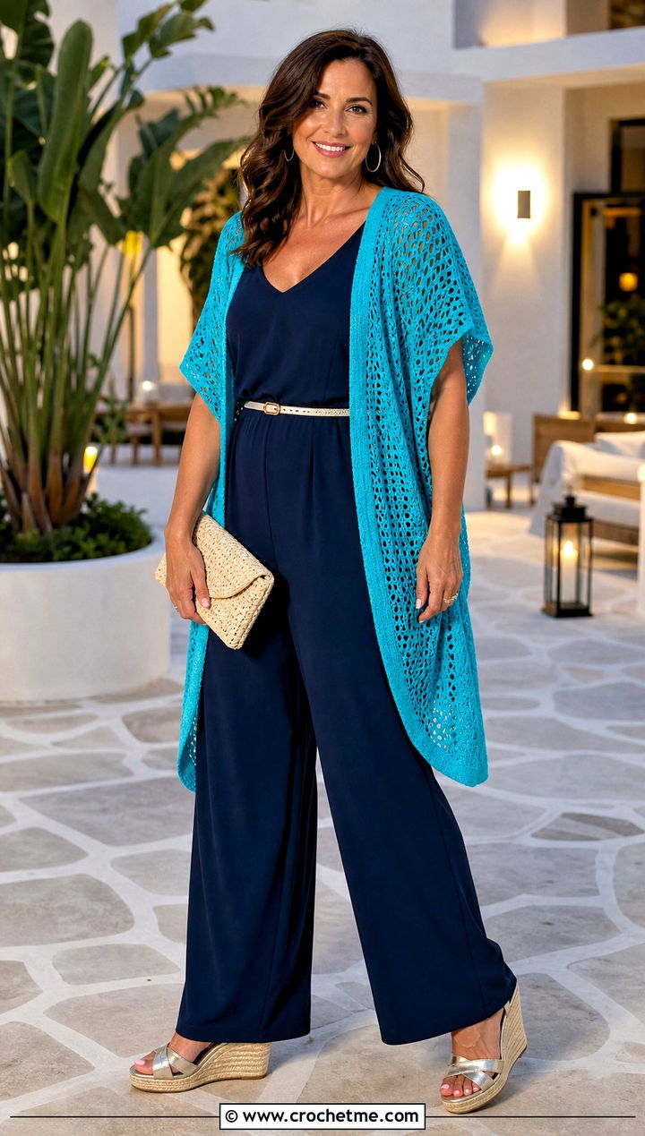 Crochet Kimono Cardigan With Sleeveless Jumpsuit - 25 short sleeve summer crochet cardigan outfit ideas