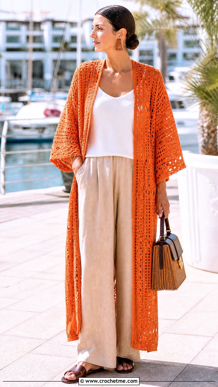 Crochet Kimono Coat With Linen Pants - 35 crochet coats outfit ideas