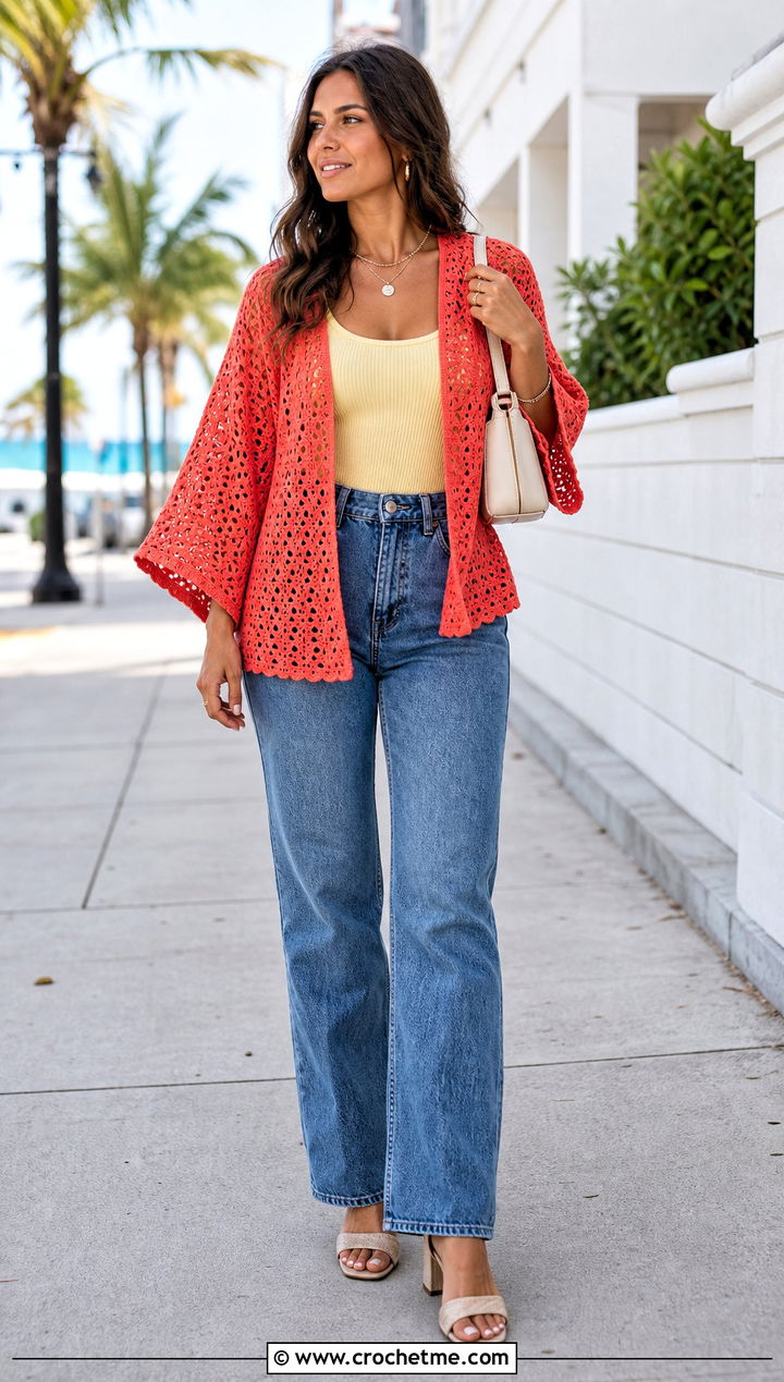Crochet Kimono Cover Up Top With Tank And Jeans - 30 crochet beach cover up top outfit ideas