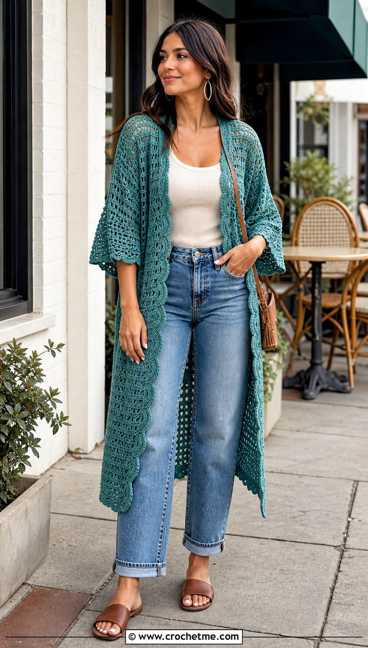 Crochet Kimono Cover Up With Tank Top And Jeans - 30 easy crochet cover up outfit ideas