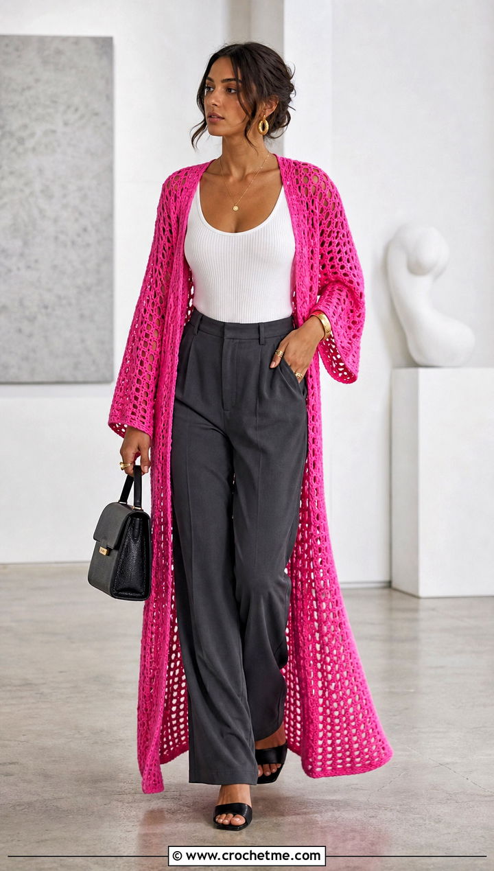 Crochet Kimono Cover Up With Wide Leg Trousers - 25 Cute Crochet Cover Up outfit ideas