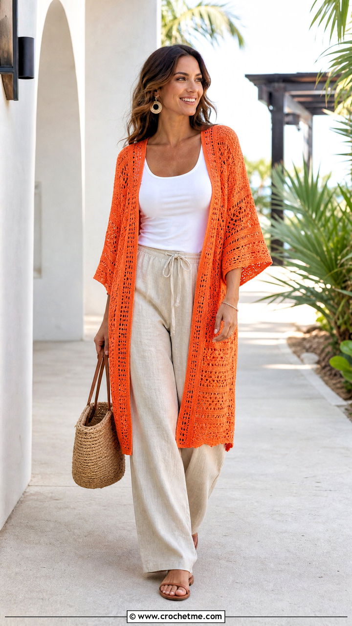 Crochet Kimono Jacket With Linen Pants - 35 easy crochet jacket outfit ideas
