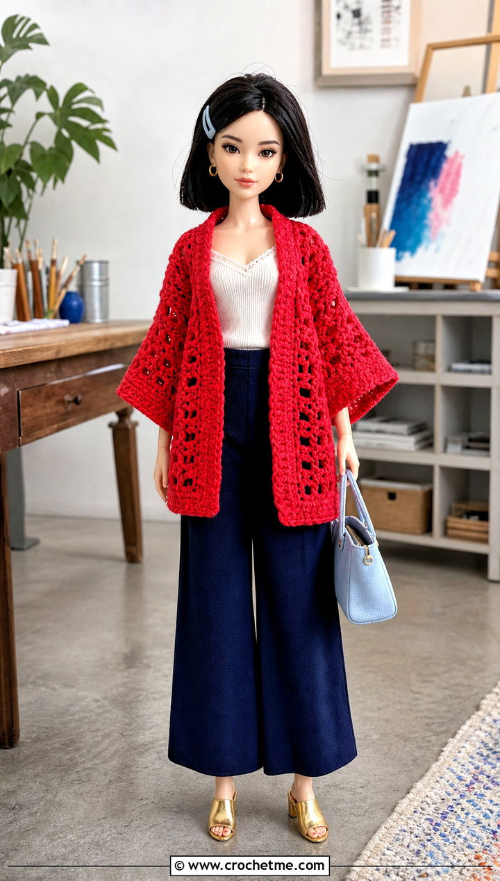 Crochet Kimono Jacket With Wide Leg Pants - 25 Crochet Small Doll Clothes and outfit ideas