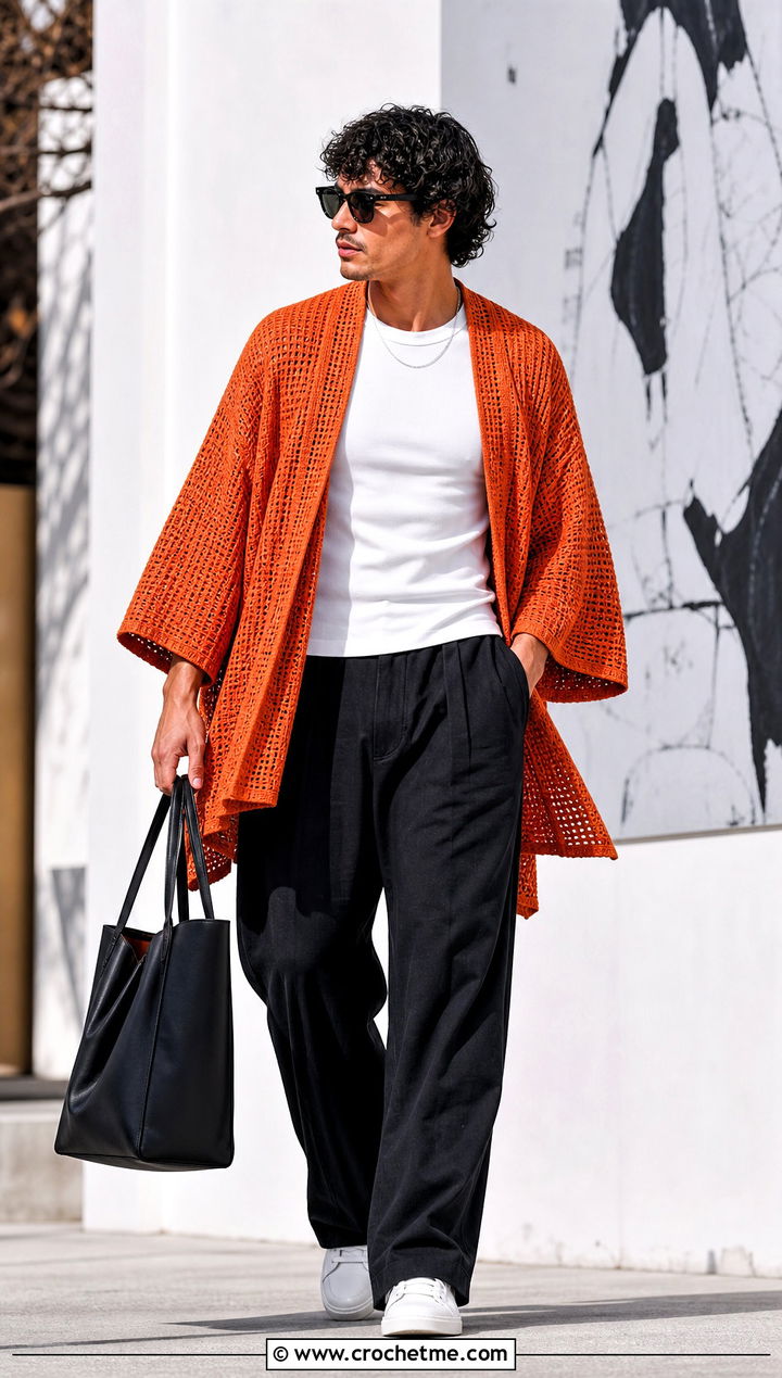 Crochet Kimono Jacket With Wide Leg Pants - 25 Crochet Guys Clothes and outfit ideas