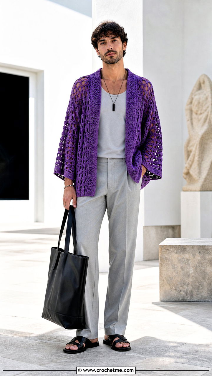 Crochet Kimono Top With Monochrome Basics - 35 crochet top for men outfit ideas