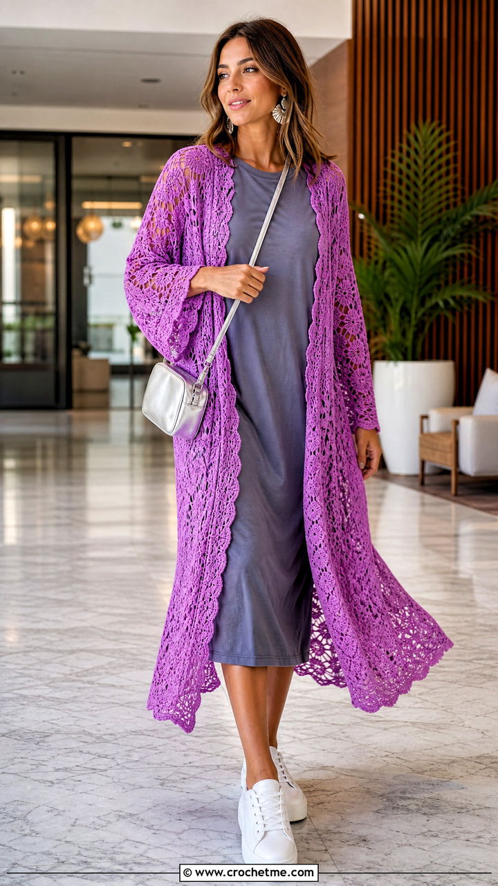 Crochet Kimono With T Shirt Dress - 35 crochet clothes for women outfit ideas