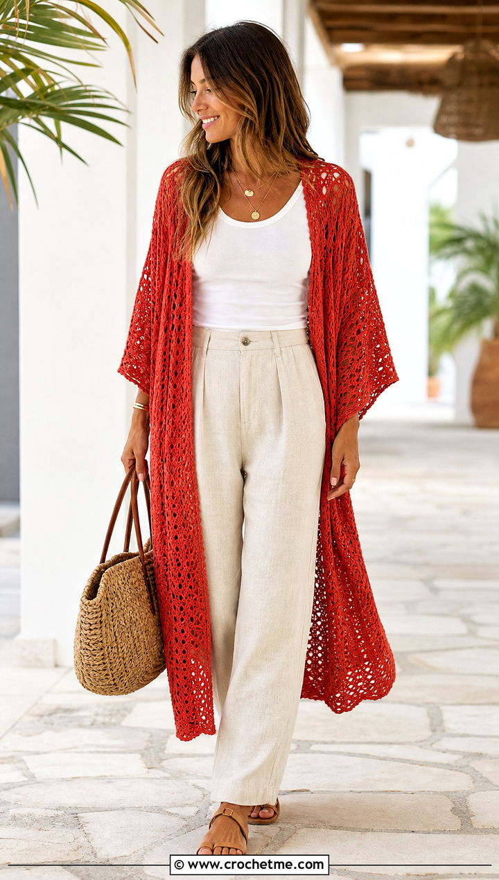 Crochet Kimono With Tank Top And Linen Pants - 30 crochet clothing for beginners outfit ideas