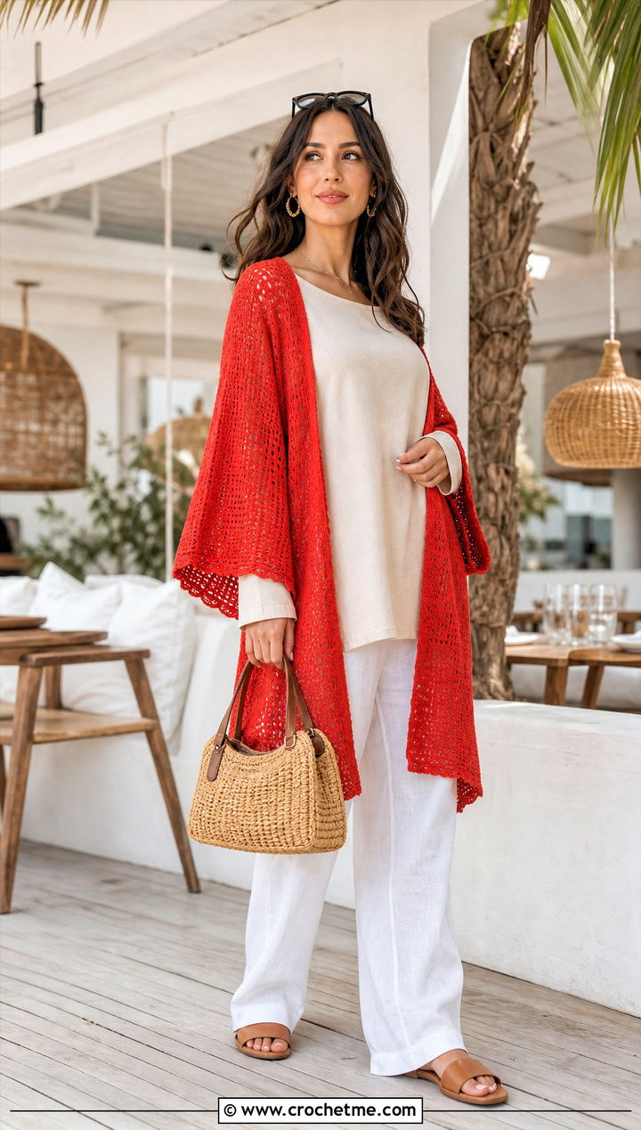 Crochet Kimono With Wide Leg Linen Pants - 35 Modest Crochet Outfit Ideas
