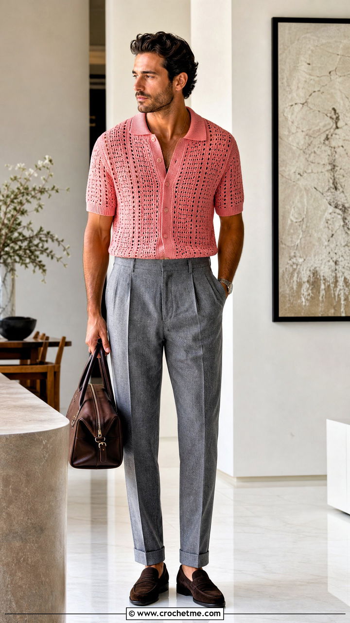 Crochet Knit Hybrid Shirt With Flannel Trousers - 35 mens crochet shirt outfit ideas