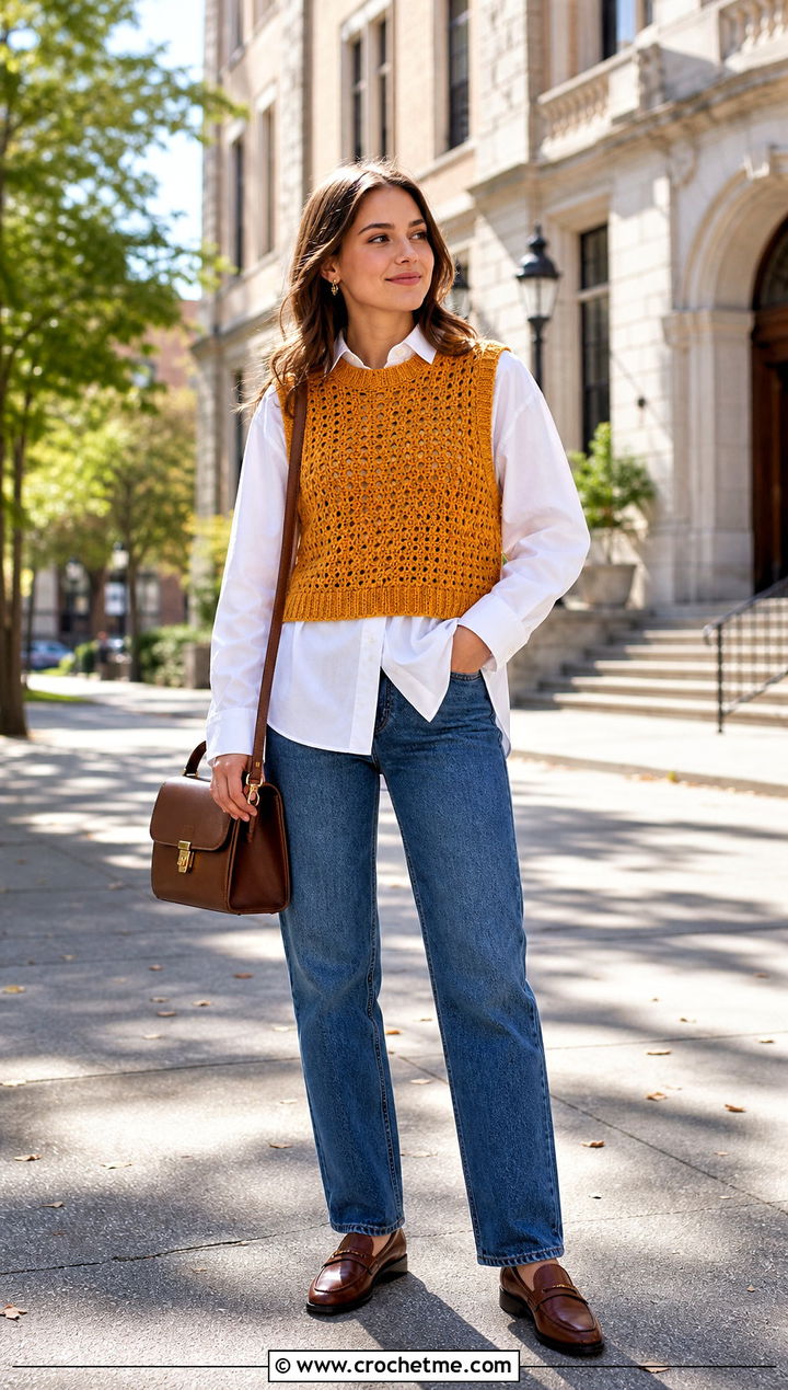 Crochet Knit Sweater Vest With Button Down Shirt - 35 Crochet Knit Sweater outfit ideas
