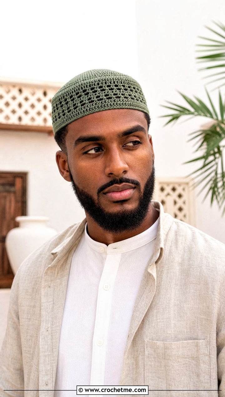 Crochet Kufi Cap With Linen Overshirt And Drawstring Trousers - 30 men's crochet hats outfit ideas