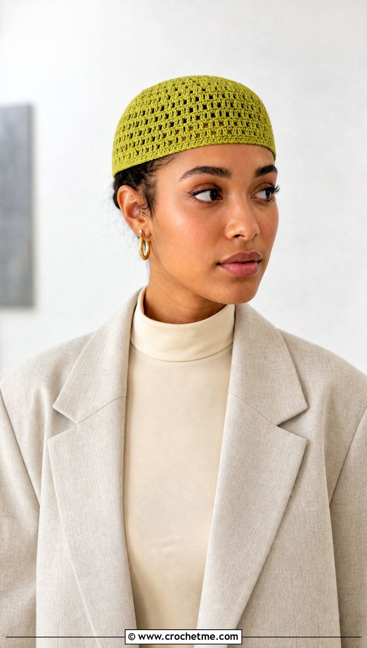 Crochet Kufi Hat With Monochrome Tailoring - 20 Flat Top Crochet Hat outfit ideas