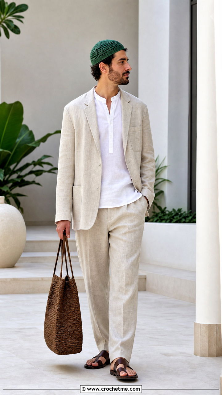 Crochet Kufi With Linen Suit And Leather Sandals - 35 crochet hat for men outfit ideas