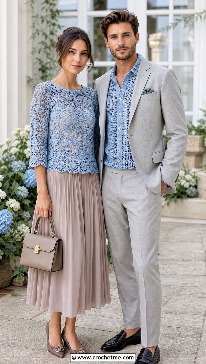Crochet Lace Blouse And Knit Shirt Wedding Guest Outfit - 30 couples crochet outfit ideas