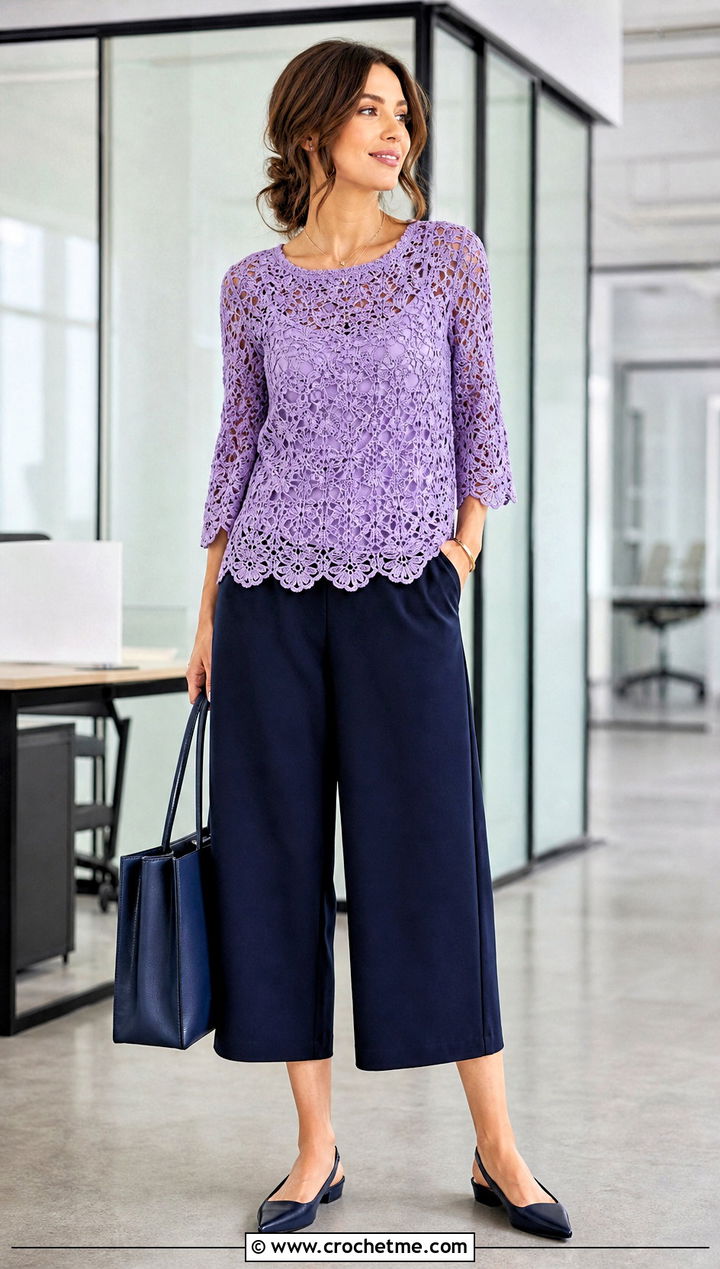 Crochet Lace Blouse Over A Tonal Camisole - 30 Crochet Top Layering Outfit ideas