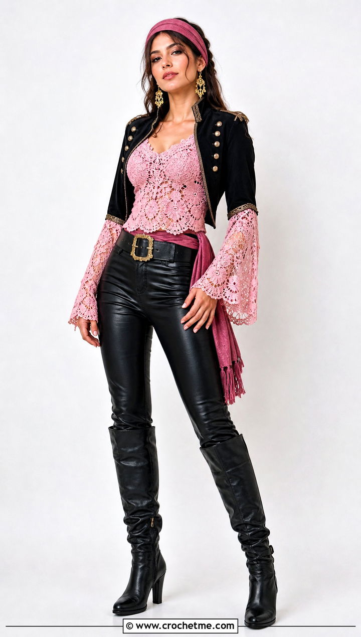 Crochet Lace Blouse Pirate Costume With Leather Pants - 30 crochet pirate costume outfit ideas