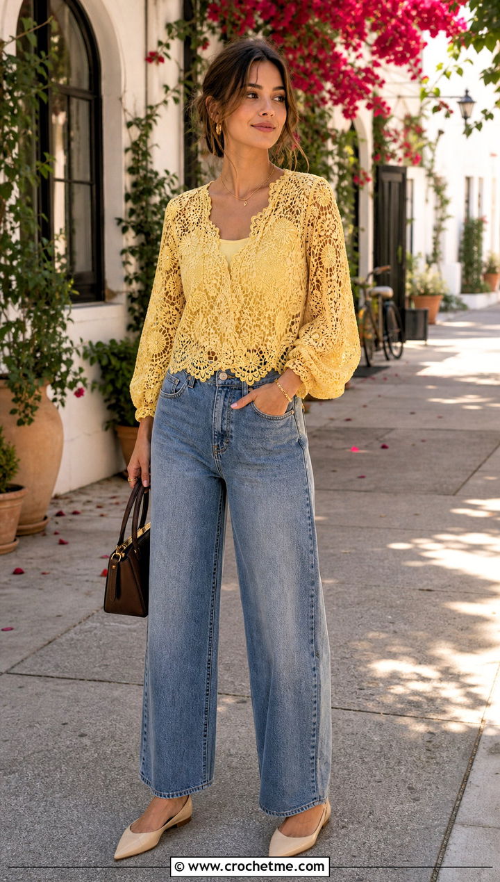 Crochet Lace Blouse With Barrel Leg Jeans - 15 boho crochet tops for women outfit ideas