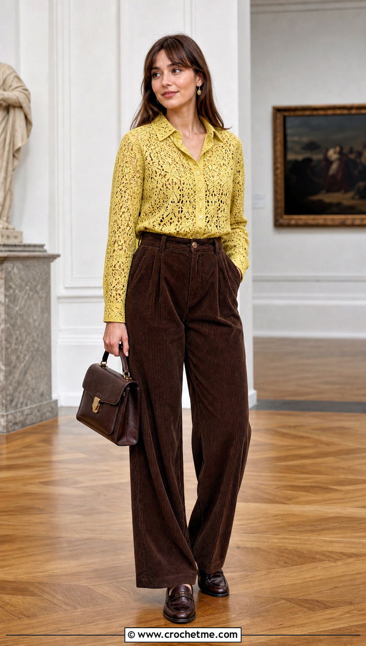 Crochet Lace Blouse With Corduroy Pants - 30 crochet fall outfits ideas