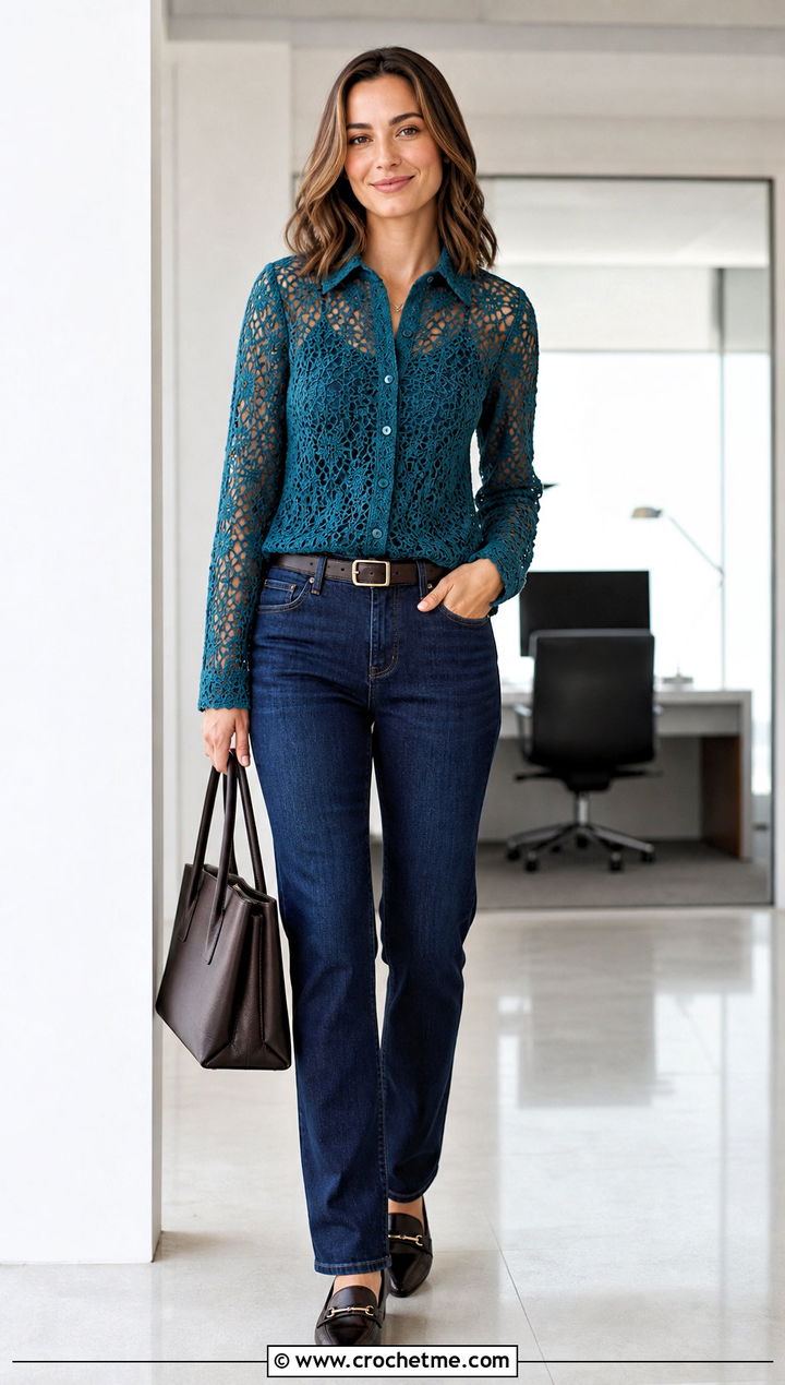 Crochet Lace Blouse With Dark Denim - 30 easy tops to crochet outfit ideas