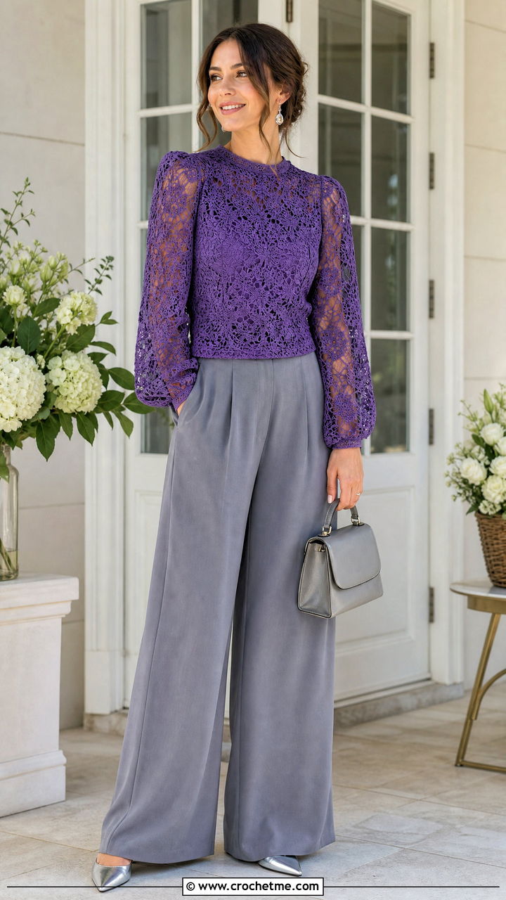 Crochet Lace Blouse With Fluid Trousers - 35 colorful crochet top outfit ideas