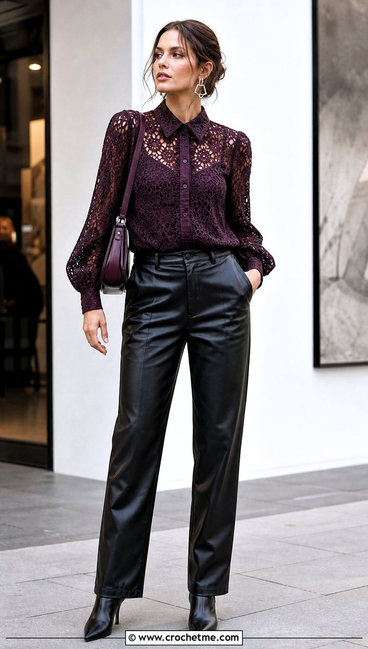 Crochet Lace Blouse With Leather Trousers - 15 Aesthetic Cute Crochet Clothes and outfit ideas