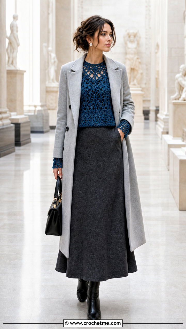 Crochet Lace Blouse With Wool Maxi Skirt - 30 crochet top and long skirt outfit ideas