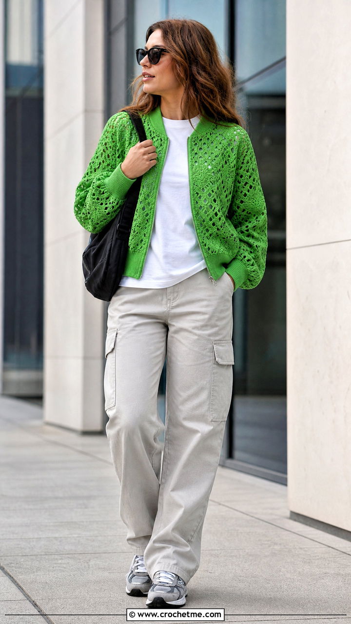 Crochet Lace Bomber Jacket With Cargo Pants - 35 crochet lace jacket outfit ideas